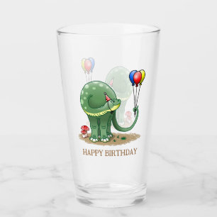 Verre Anniversaire d'un dinosaure tenant des ballons