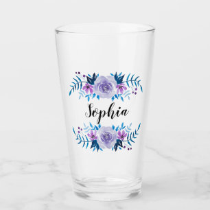 Verre Aquarelle bleu violet couronne florale Texte perso
