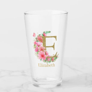Verre Aquarelle Or et Monogramme Floral Lettre E