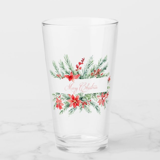 Verre Aquarelle poinsettia et verdure Noël (Devant)