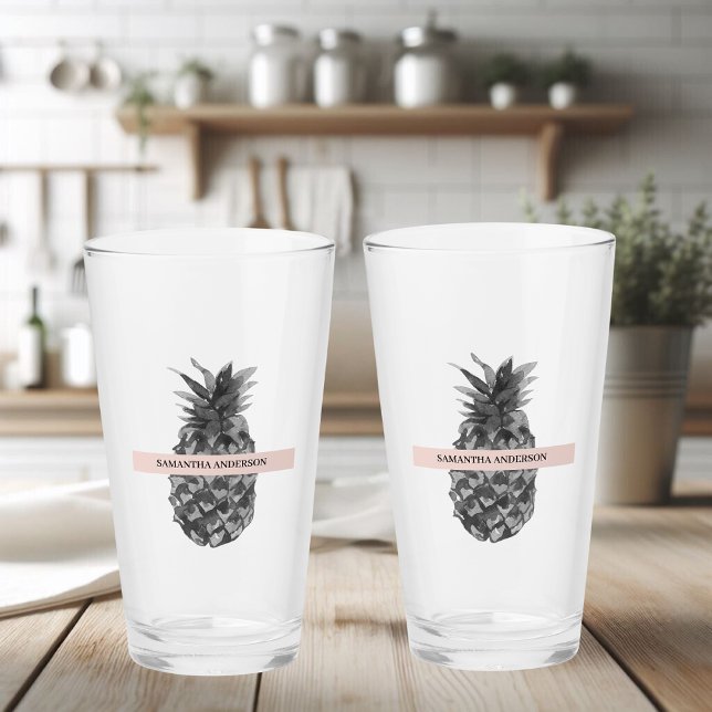 Verre Aquarelle rose et gris ananas | Votre nom (Créateur téléchargé)