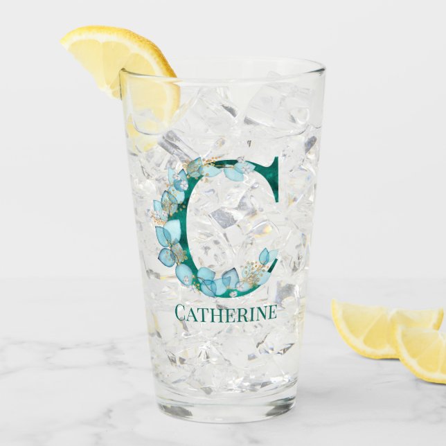 Verre Aquarelle Turquoise et or Monogramme C (Devant glace)