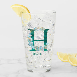 Verre Aquarelle Turquoise et or Monogramme lettre H