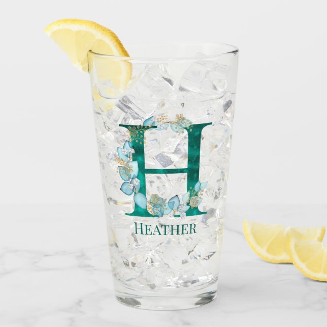 Verre Aquarelle Turquoise et or Monogramme lettre H (Devant glace)