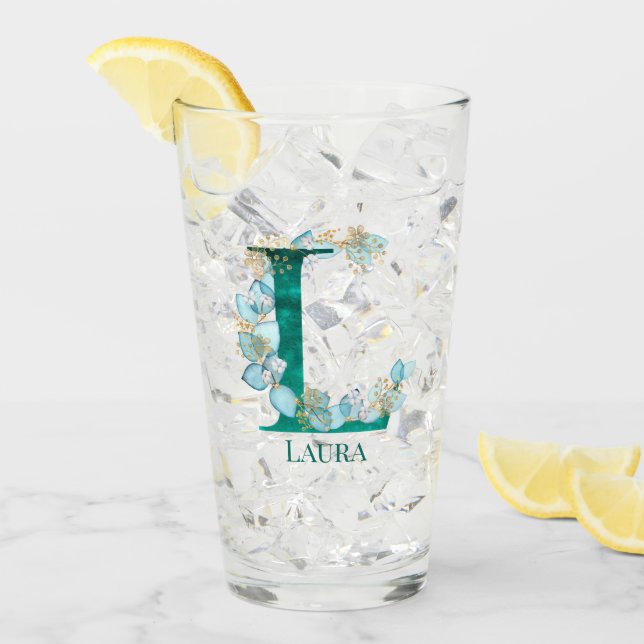 Verre Aquarelle Turquoise et or Monogramme lettre L (Devant glace)