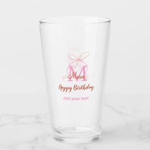 Verre Arc en ruban paillettes roses avec nom lettre mono