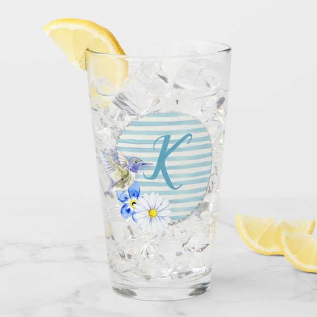 Verre Beau Colibri Blue Floral Monogramme Boire (Devant glace)