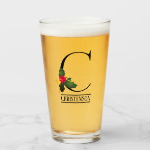 Verre Bière personnalisée Noël Holly Monogramme C