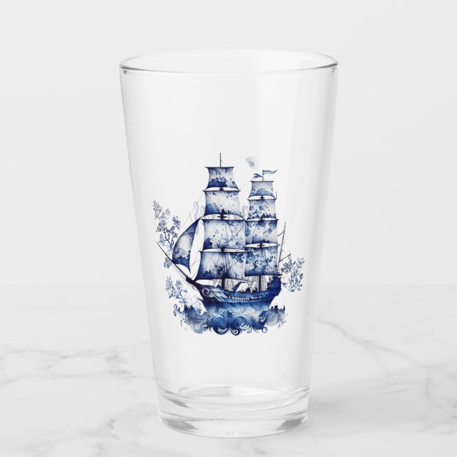 Verre Bleu et blanc Delft voilier en mer (Devant)