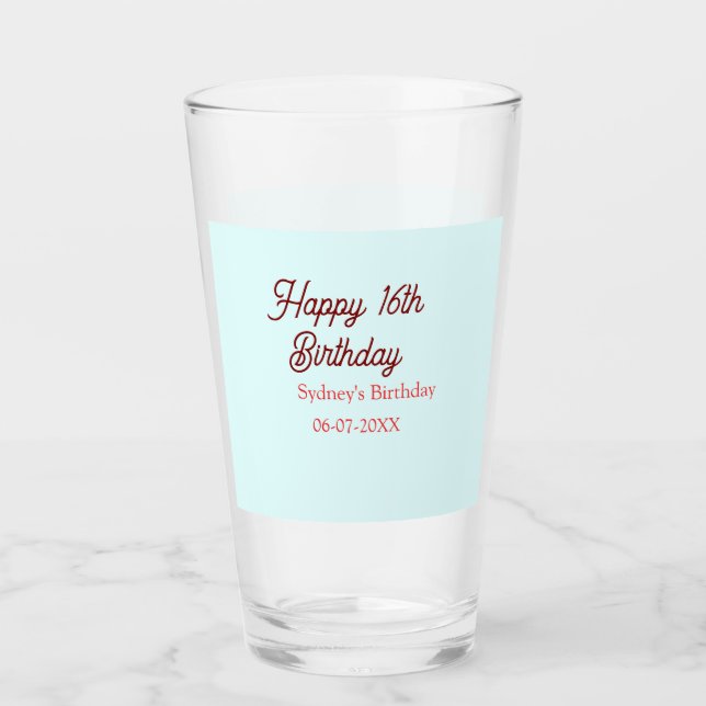 Verre Bleu pastel rouge joyeux 16e anniversaire nom date (Devant)