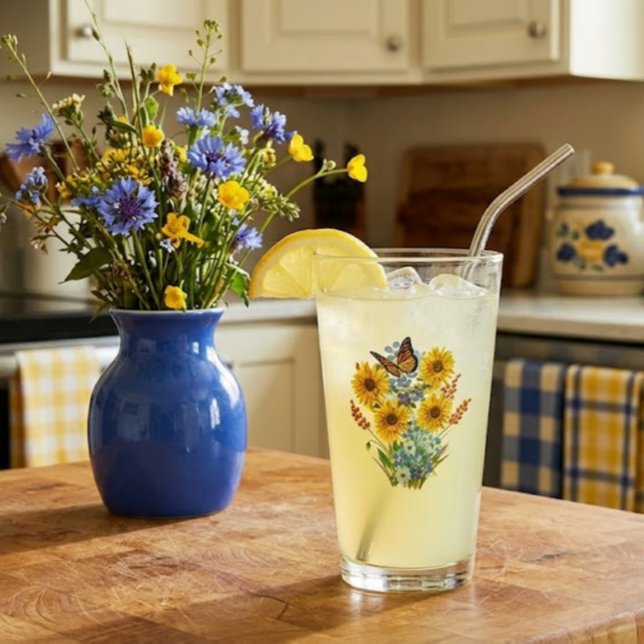 Verre Bouquet de tournesol et papillon joyeux Pint (Créateur téléchargé)