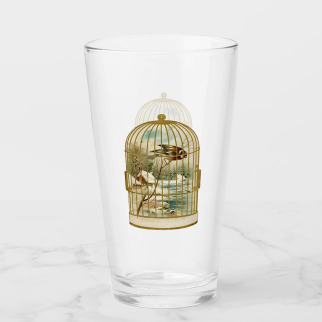 Verre Cage d'oiseaux d'or et blanc avec Cabine d'oiseaux (Devant)