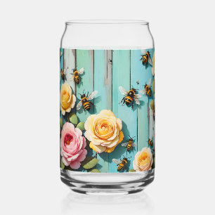 Verre Canette Abeilles affairées avec roses roses et jaunes sur 