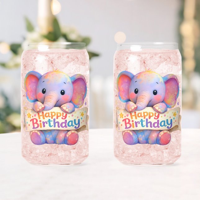 Verre Canette Adorable elephant, happy birthday frosted can glas (Insitu (Mariage))