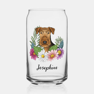 Verre Canette Airedale Terrier avec des fleurs colorées et nom