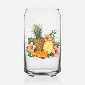 Verre Canette Ananas et fleurs d'Hibiscus Floral Aquarelle Tropi