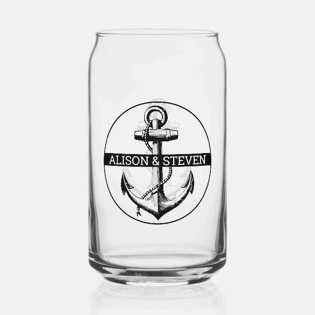 Verre Canette Ancrage noir et noms mariage nautique (Recto)