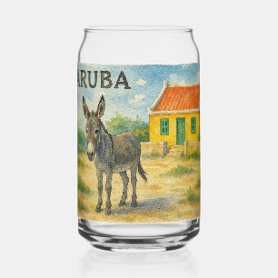 Verre Canette Âne d'Aruba avec maison Cunucu jaune aquarelle