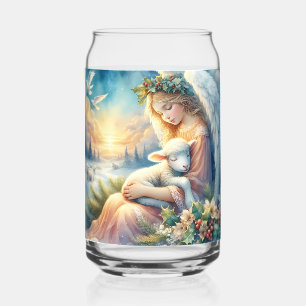Verre Canette Ange de Noël avec agneau en paix en hiver