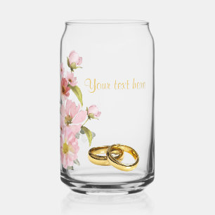 Verre Canette anneaux de mariage et fleurs roses