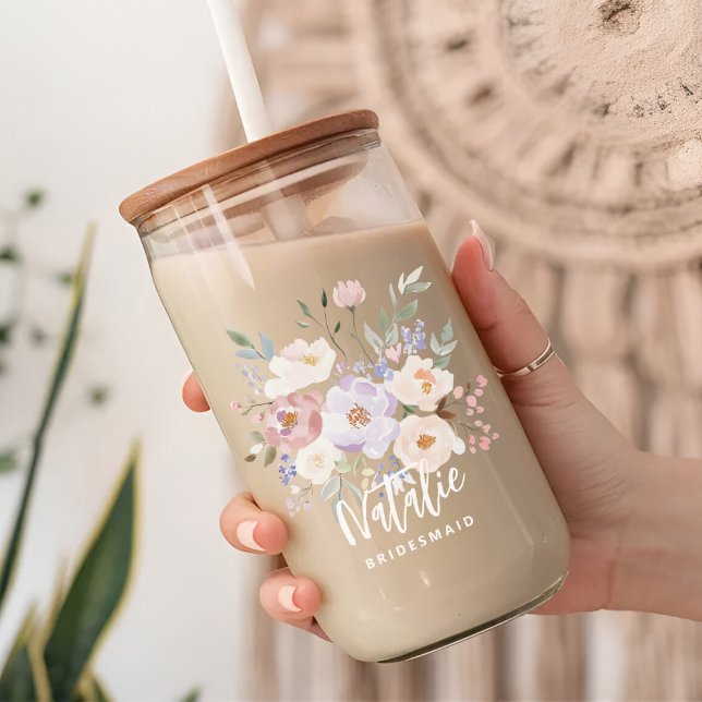Verre Canette Aquarelle en lavande beige Fleur (watercolor floral bridemaid glass can)