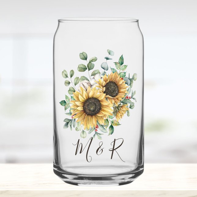 Verre Canette Aquarelle monogramme Vintage Tournesol rustique (Close up)