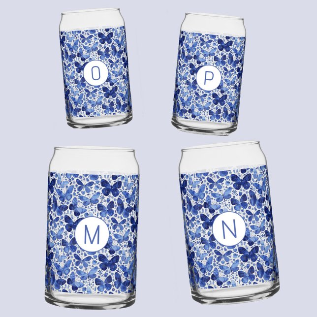 Verre Canette Aquarelle papillon bleu Monogramme initial (Blue watercolor butterfly pattern personalized monogram initial glasses)