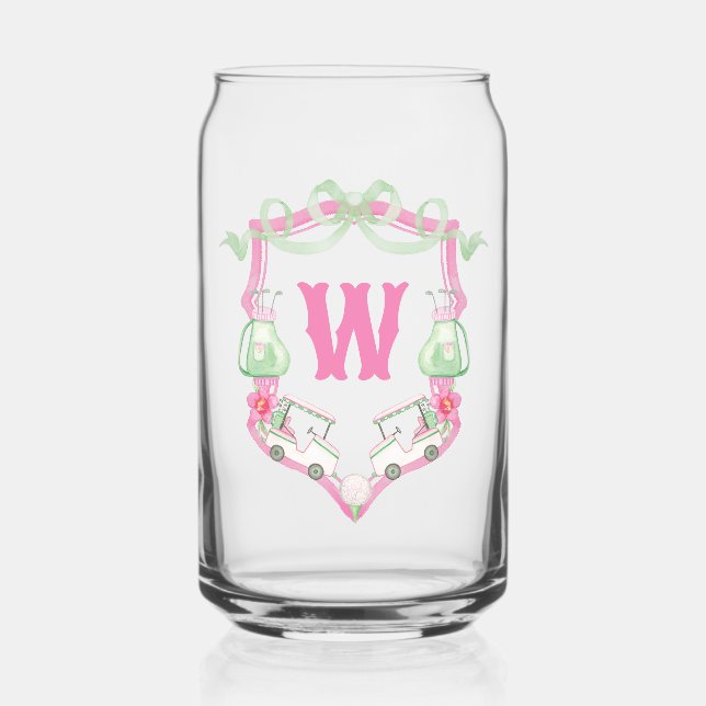 Verre Canette Aquarelle Pink & Green Golf Panier Monogram Crest (Recto)