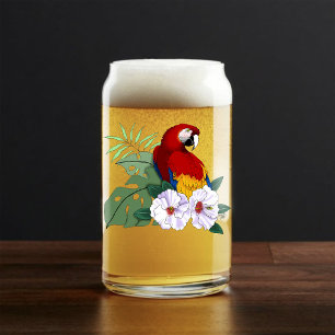 Verre Canette Ara Macao Rouge Perroquet Tropical Hibiscus Blanc 