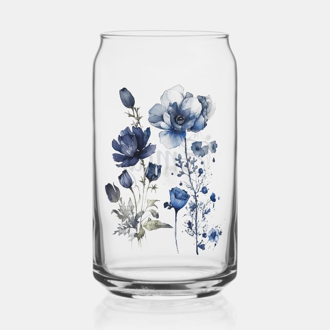 Verre Canette Art Delft bleu et blanc avec fleur sauvage (Recto)