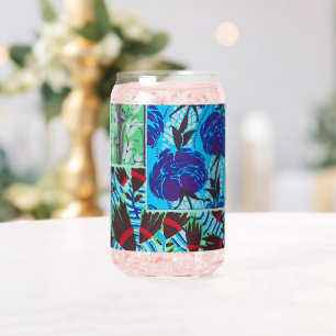 Verre Canette Art floral bleu et vert maximaliste vibrant