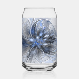 Verre Canette Art floral fractal abstrait aquarelle gris bleu