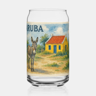 Verre Canette Aruba Yellow Cunucu house with donkey watercolor