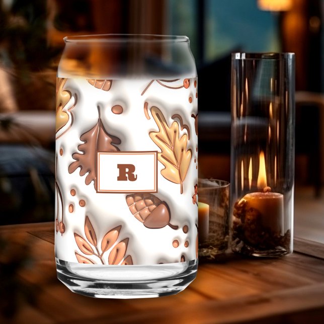 Verre Canette Automne Feuilles d'automne Acorn 3D Monogramme mod (Fall Autumn Leaves Acorn 3D Modern Monogram Can Glass)