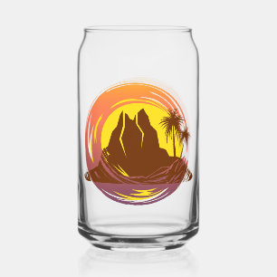 Verre Canette Badge avec paysage volcanique tropical et palmiers
