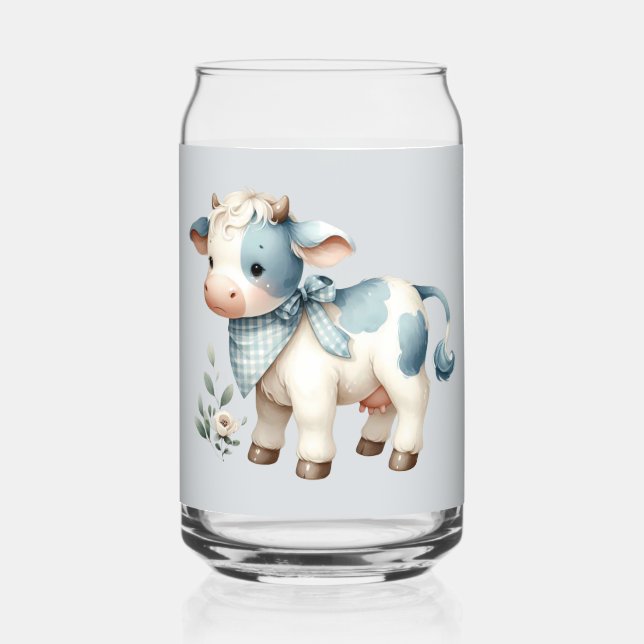 Verre Canette Bébé Vache Gingham Bleu Pastel Esthétique Ferme (Recto)