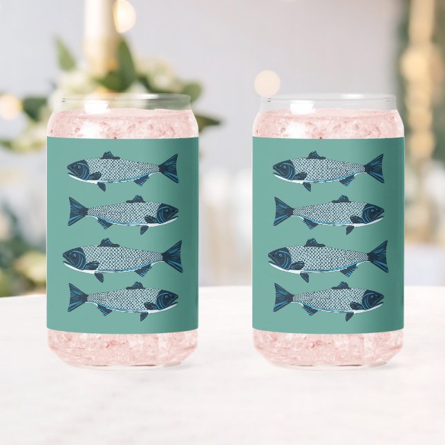 Verre Canette Blue Folk Art Trout/Saumon (Insitu (Mariage))