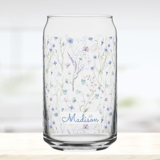 Verre Canette Blue Purple Pretty Wildflower Floral Pattern (In situ)