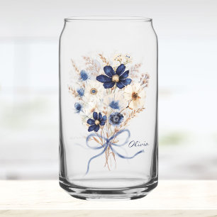 Verre Canette Bouquet de fleurs bleu marine aquarelle personnali
