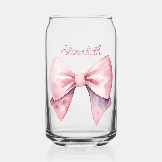 Verre Canette Bow Aquarelle rose et blanc personnalisé (Recto)
