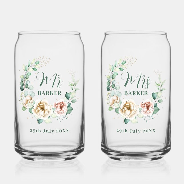 Verre Canette Bride & Groom Personalized Mr & Mrs  Floral (Recto)