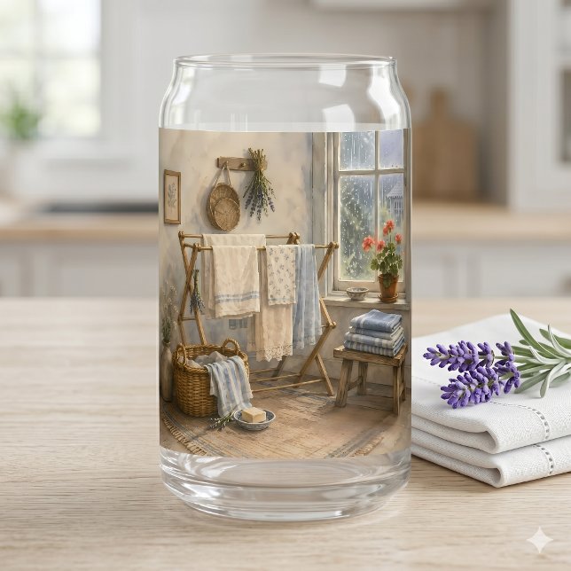Verre Canette Buanderie de Cottage Jour de Pluie (Rainy Day Cottage Laundry Room Can Glass)