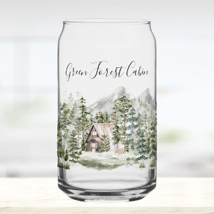 Verre Canette Cabane aquarelle dans la forêt de pins verts boisé