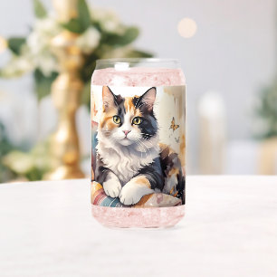 Verre Canette Chat calicot aquarelle fantaisiste et papillons