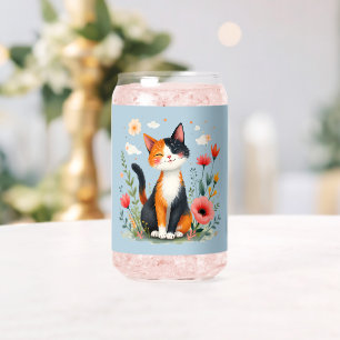 Verre Canette Chat calicot souriant dans un jardin fleuri