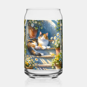 Verre Canette Chat calicot sur la véranda florale Cottagecore