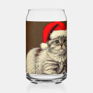 Verre Canette Chat de Noël vintage portant un chapeau de Père No