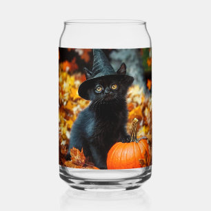Verre Canette Chat noir d'Halloween et Citrouille