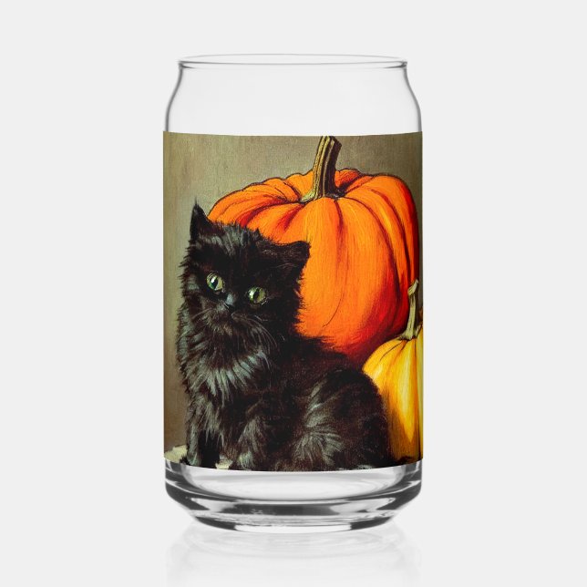 Verre Canette Chat noir vintage d'Halloween et Citrouilles (Recto)