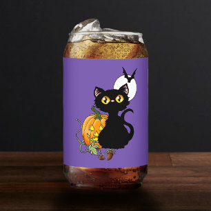 Verre Canette Chat noir violet Citrouille d'Halloween